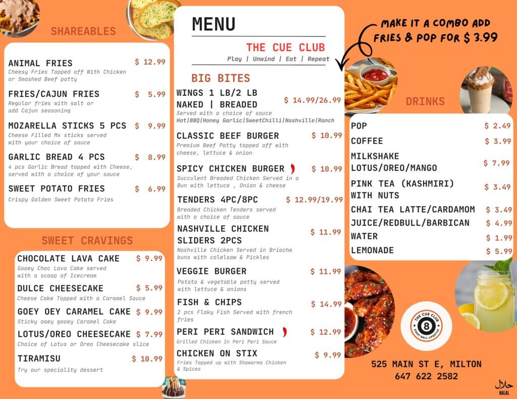 The Cue Club food menu in Milton: wings, burgers, Nashville chicken sliders, loaded fries, desserts and drinks with prices